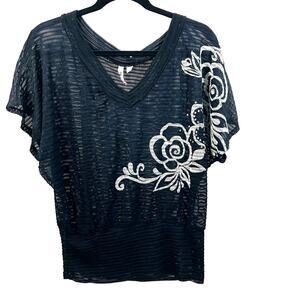 AU Attitude Unknown Women's Sheer Top V-Neck Sequined Floral Print Black Size 1X